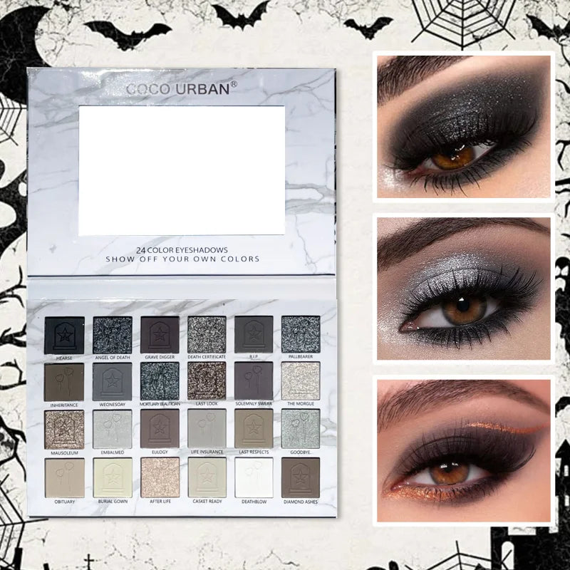 24 Color Matte Eye Shadow Plate Halloween Gothic Punk Style Black Sequin Eye Shadow Palette Lasting Makeup Cool Girl Eye Shadow