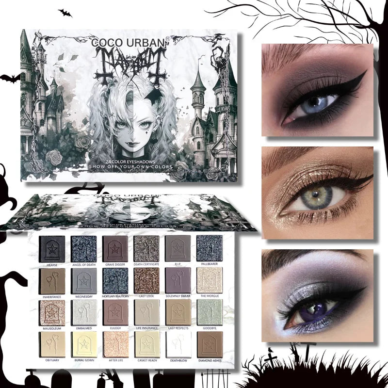 24 Color Matte Eye Shadow Plate Halloween Gothic Punk Style Black Sequin Eye Shadow Palette Lasting Makeup Cool Girl Eye Shadow