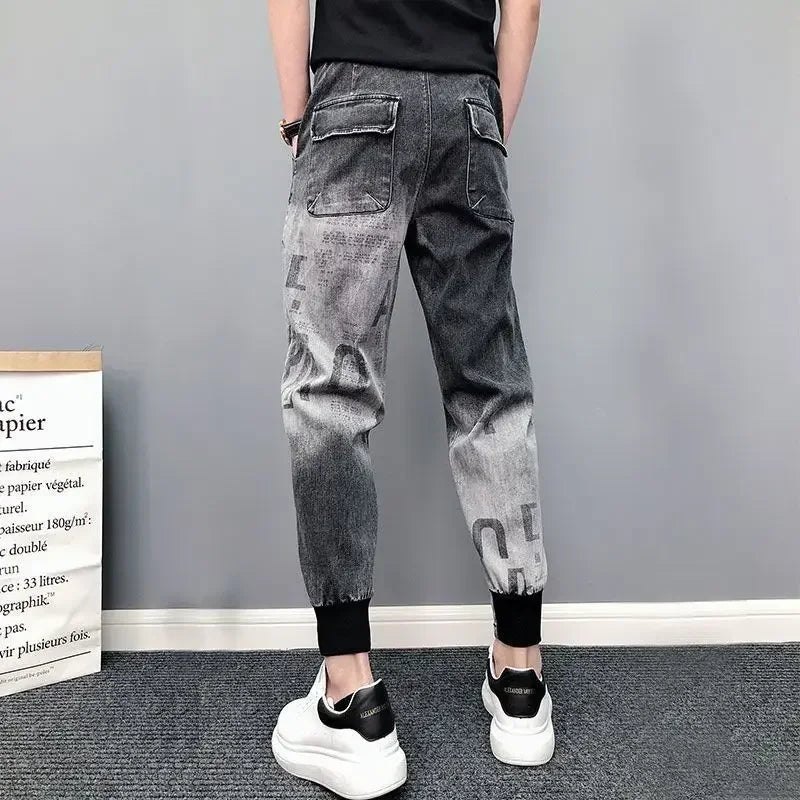 Trousers Letter Harem Men's Jeans With Print Man Cowboy Pants Black Comfortable Soft 2024 Korean Autumn Y2k Vintage Xs Retro