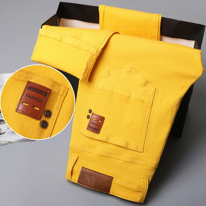 Men's Yellow Red Jeans Brand Jeans Cotton Stretch Slim Straight Casual Denim Pants Fashion Work Denim Trousers Four Season