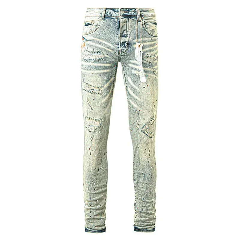 Retro Men's Jeans with American High Street Style and Purple Ripped Holes