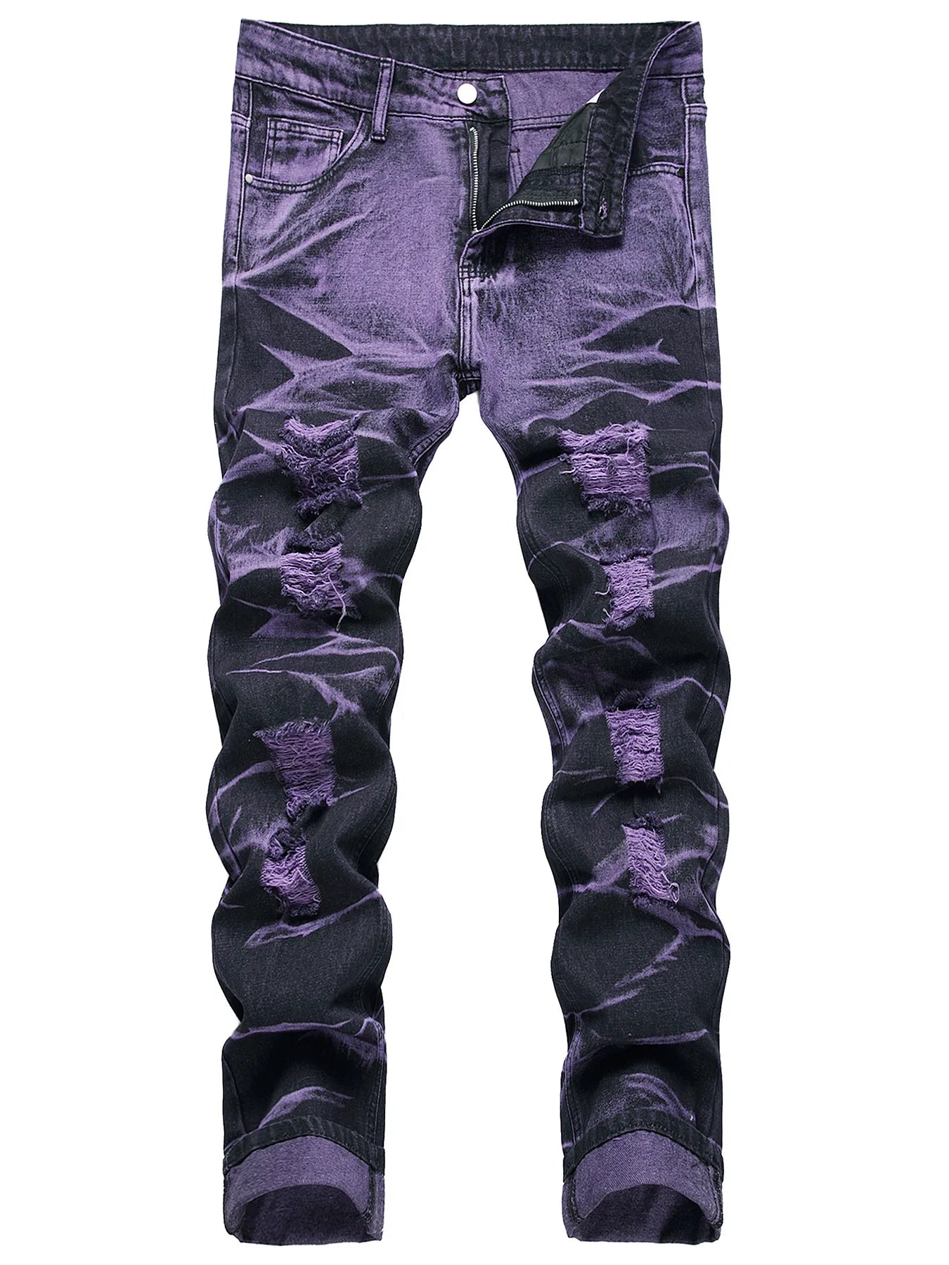 High Street Ripped Jeans for Men Four Seasons Casual Denim Pants Personalized Purple Black Straight Jeans Fashion Youth Trousers