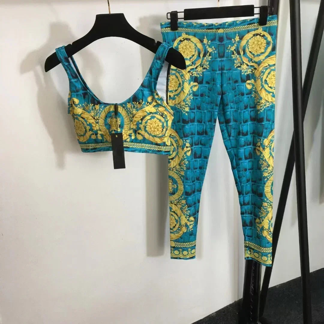 Luxury Design Women's Yoga Sport Sets Retro Print Lace Strapless Tank Tops Tight Pants Fashion Brand Women's Two-piece Swimsuits