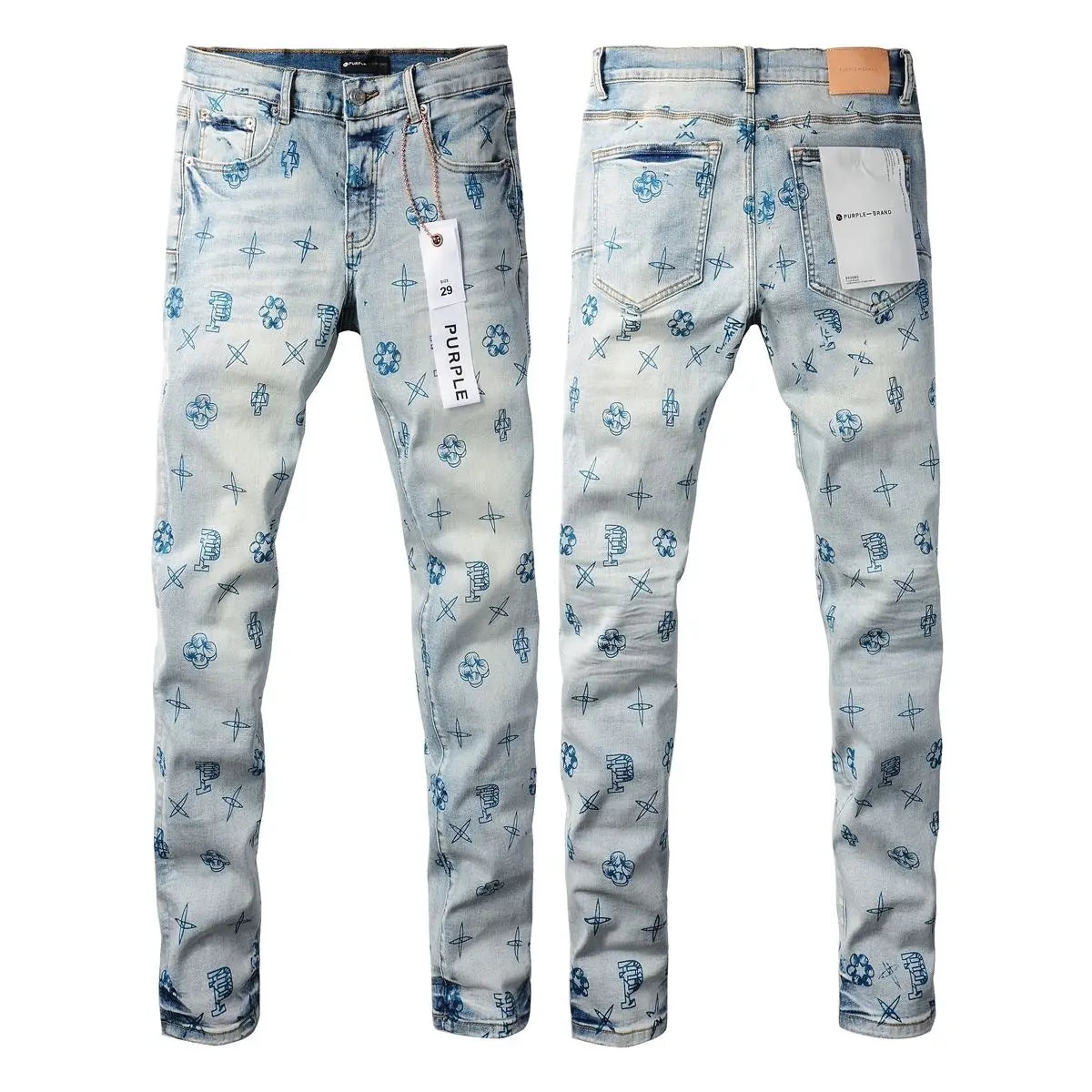 Purple new slim-fit hand-painted printed pants light blue trendy men's jeans casual pants