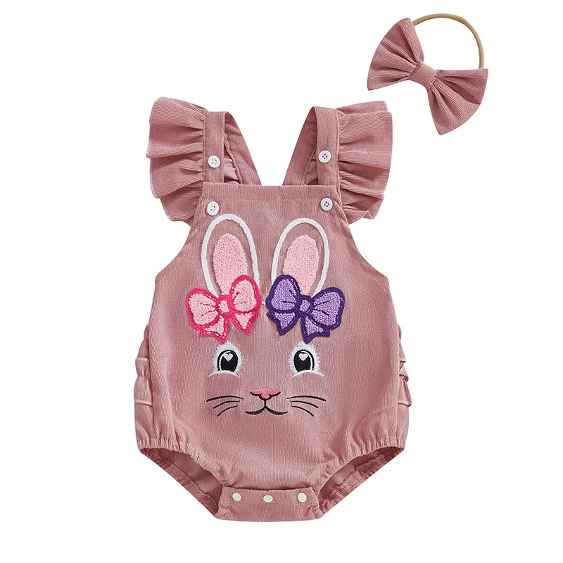 Adorable Toddler Girls Easter Outfit Set with Bunny Embroidery Ruffle Sleeves Romper Headband and Matching Shoes