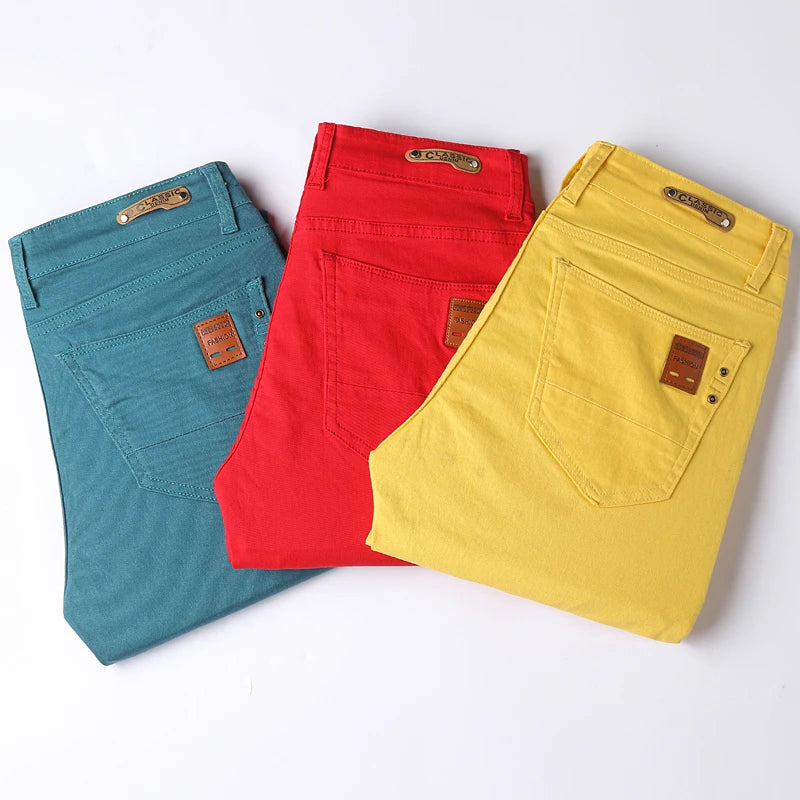 Fashion Straight Stretch Denim Pants Solid New Men's Slim Jeans Solid Yellow Red Green Blue Business Casual Classic Trousers