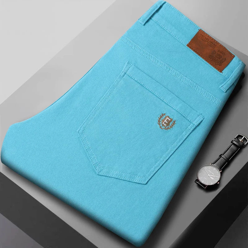 Men Classic Regular Fit Solid Color Jeans Male Business Fashion Denim Straight Leg Cotton Trousers Colorful Denim Pants