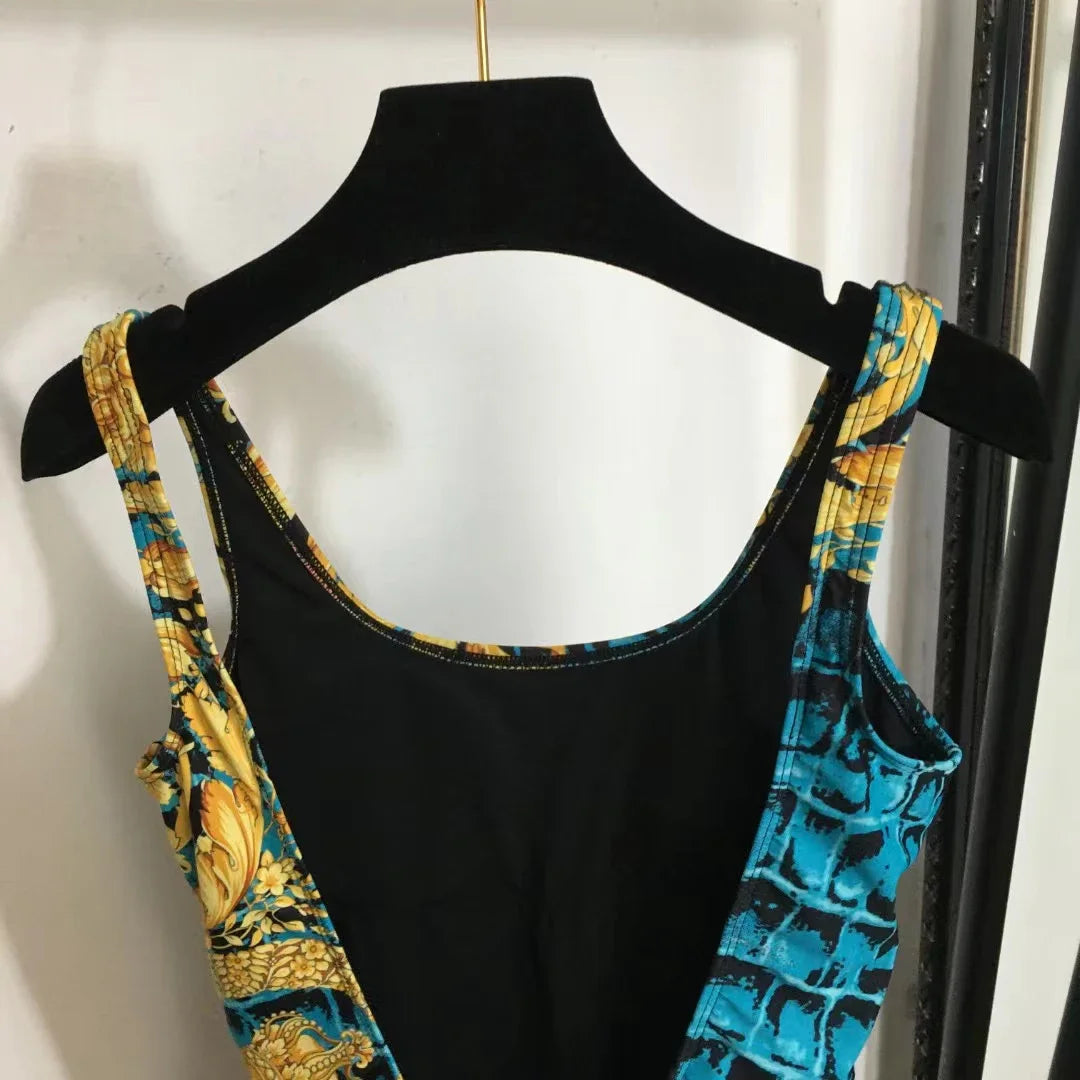 Luxury Design Women's One-piece Swimsuits Crocodile Retro Flower Pattern Sexy Camisole Swimwear Fashion Brand Women's Beachwear