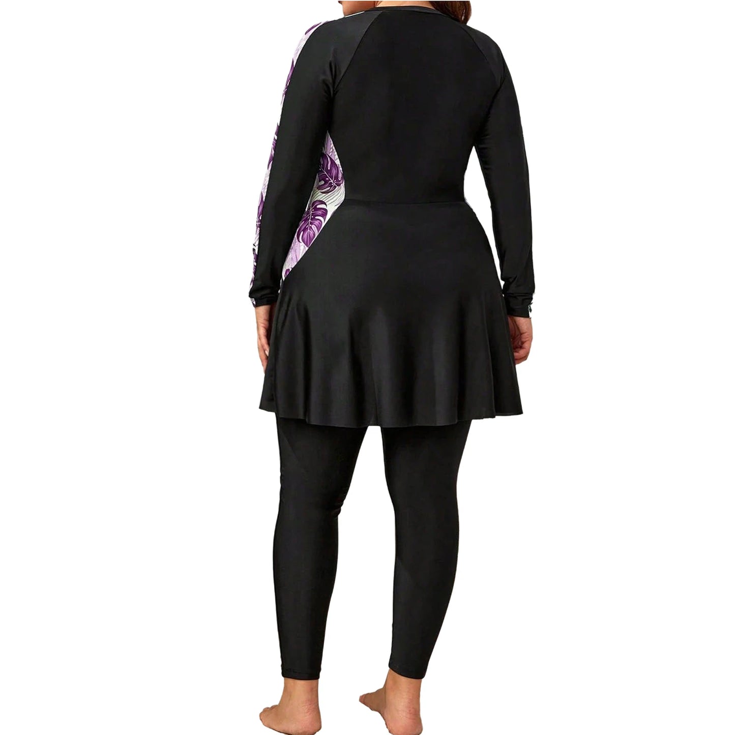 Women Plus Size Two-Piece Swimsuit Long Sleeve Floral Print Zipper Dress with Leggings Swimwear Bathing Suit Rash Guard Wetsuit