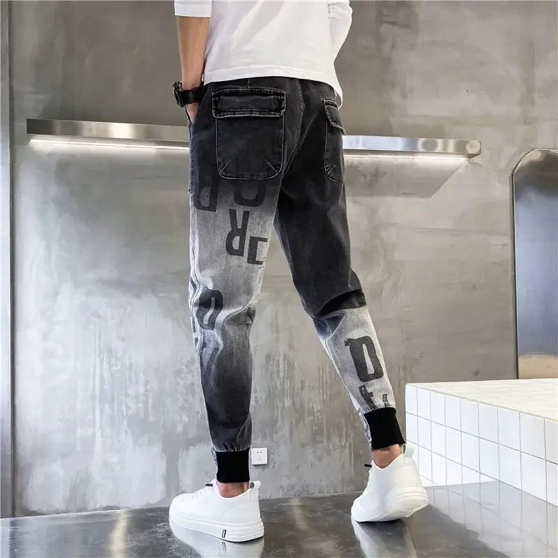Harem Trousers with Print Black Graphic Jeans for Men Male Cowboy Pants Y2k Vintage Original Casual Cotton Y 2k Buggy Plus Size