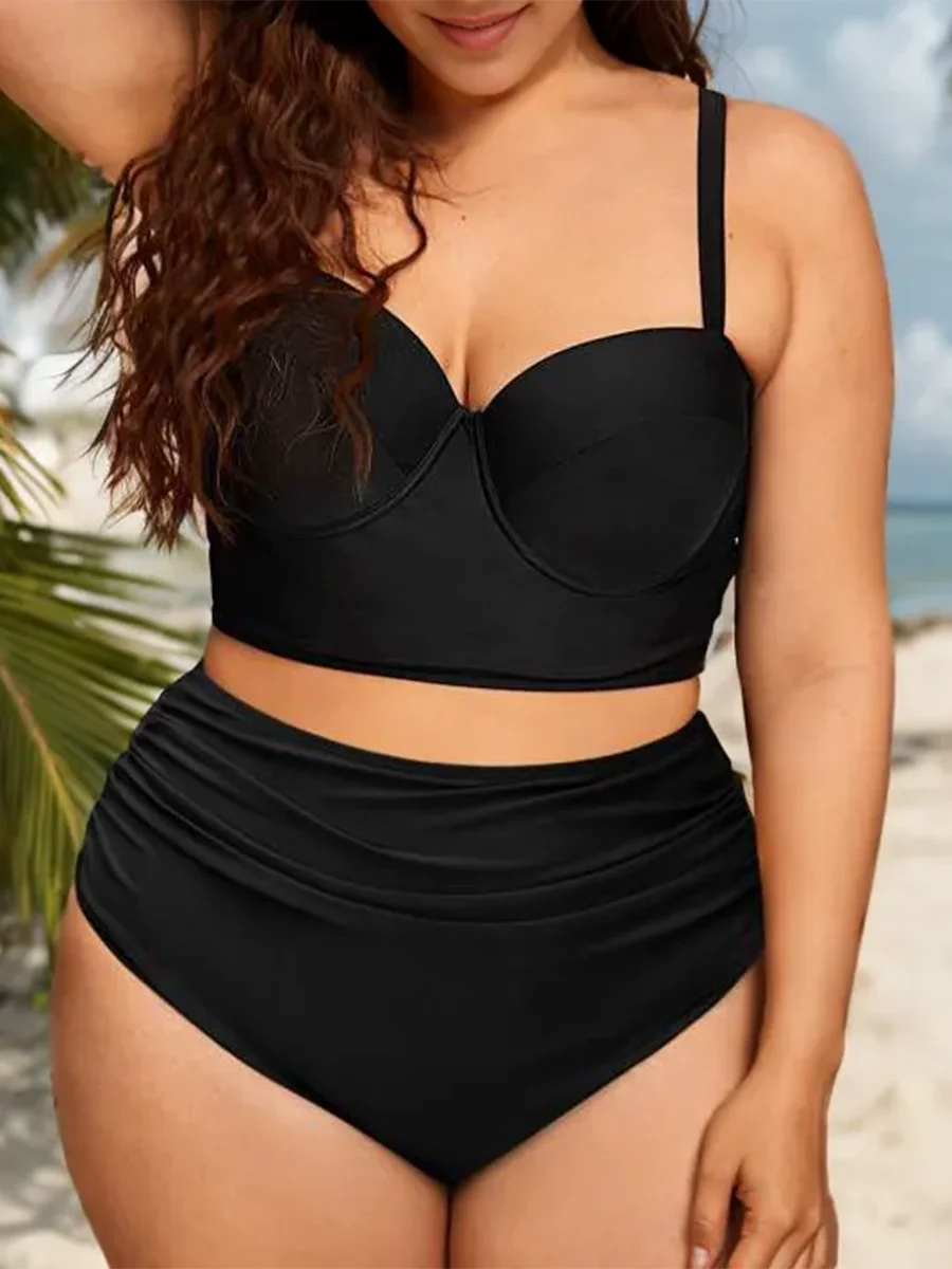 2025 Large Plus Size Push Up Solid Bikini Two Piece High Waist Swimsuit Women Swimwear Female Bathing Suit Beachwear Swimming