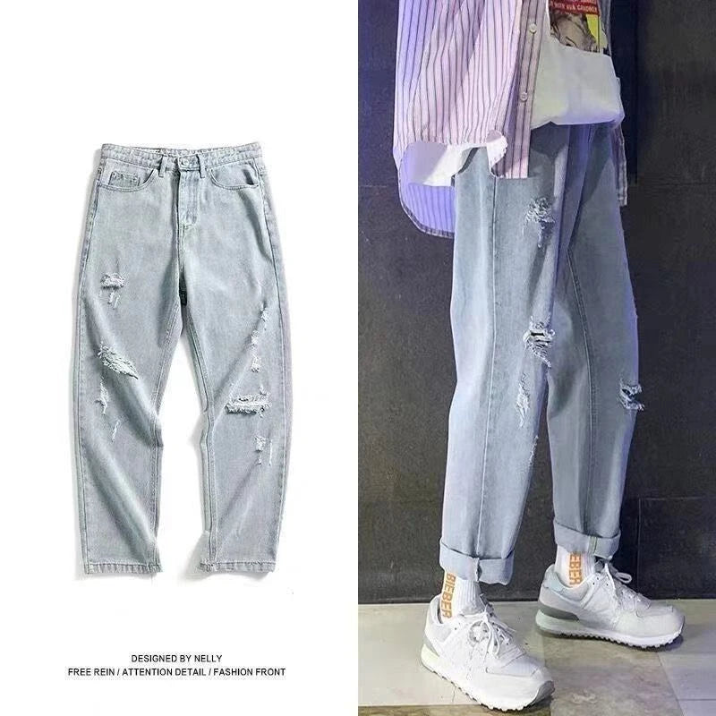 Male Cowboy Pants Oversize Summer Cropped Ripped Men's Jeans with Holes Broken Torn Plus Big Size Trousers Korean Fashion Cheap