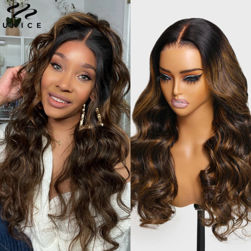 Unice Hair Balayage 3D Body Wave Wig Pre Cut Pre Bleached 7x5 13x4 Lace Frontal Human Hair Wig Pre Plucked Wear Go Glueless Wig