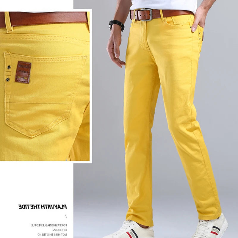 Fashion Straight Stretch Denim Pants Solid New Men's Slim Jeans Solid Yellow Red Green Blue Business Casual Classic Trousers