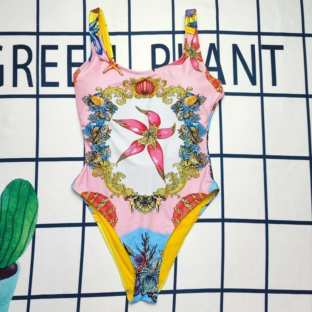 Luxury Design Women's One-piece Swimsuits Crocodile Retro Flower Pattern Sexy Camisole Swimwear Fashion Brand Women's Beachwear