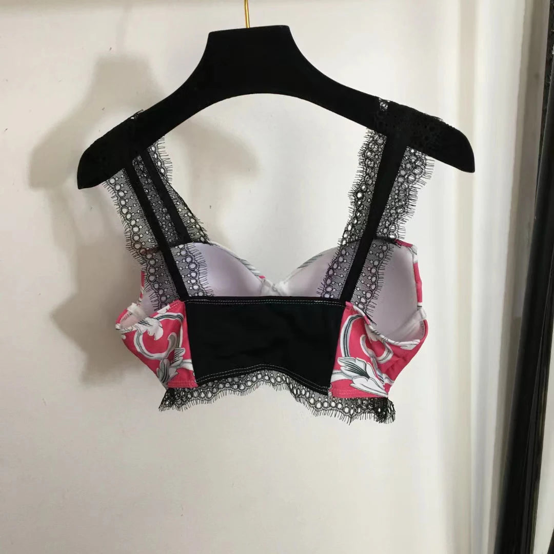Luxury Design Women's Yoga Sport Sets Retro Print Lace Strapless Tank Tops Tight Pants Fashion Brand Women's Two-piece Swimsuits