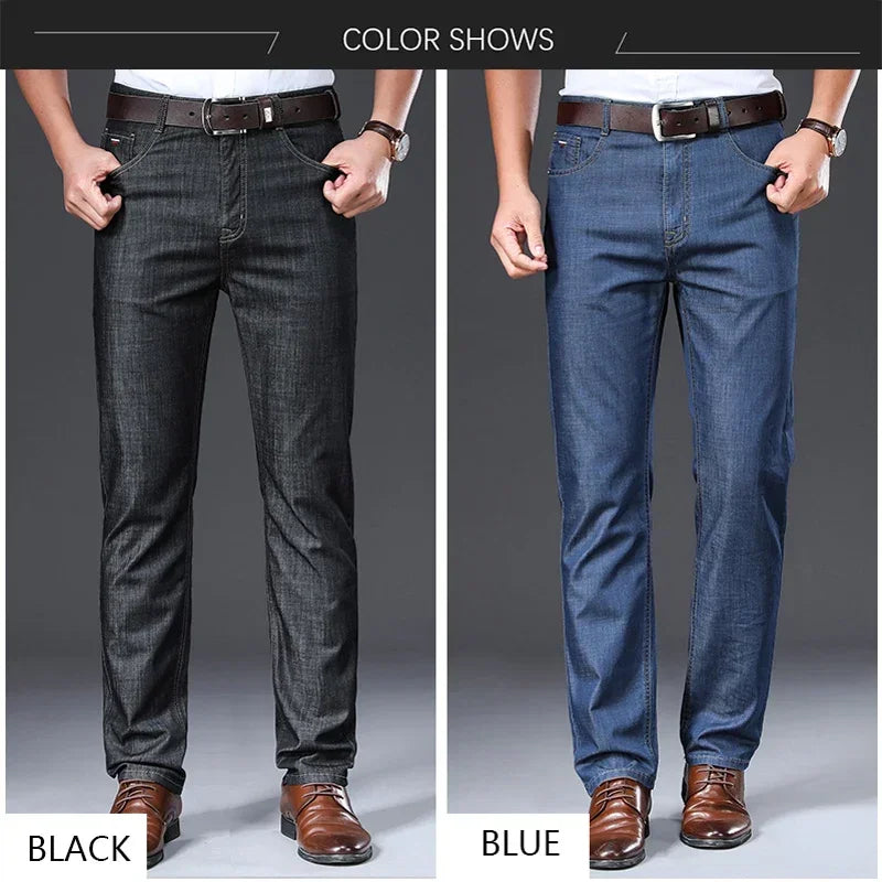 TFETTERS 2025 Summer Pants Men Jeans New Thin Soft Breathable Mid Straight Regular Black Jeans Trousers Work Vintage Men Jeans
