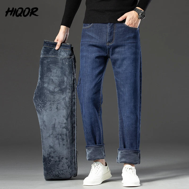 HIQOR Winter Fleece Thick Jeans Men Business Casual Straight Trousers Male Classic Blue Black Jeans For Men Work Denim Man Pants