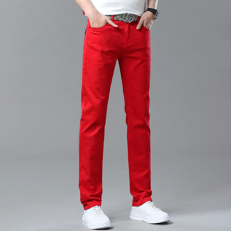 Denim Jeans Men Yellow Pink Solid Color Party Hip Hop Brand Trendy Men Handsome Denim Jeans Straight Slim Casual Pants Red