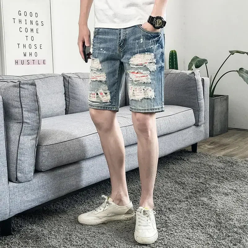 Man Denim Shorts Ripped Straight Trend 2024 Short Jeans Pants for Men New in Popular Xl Blue Y2k Fashion Cowboy Original Sale