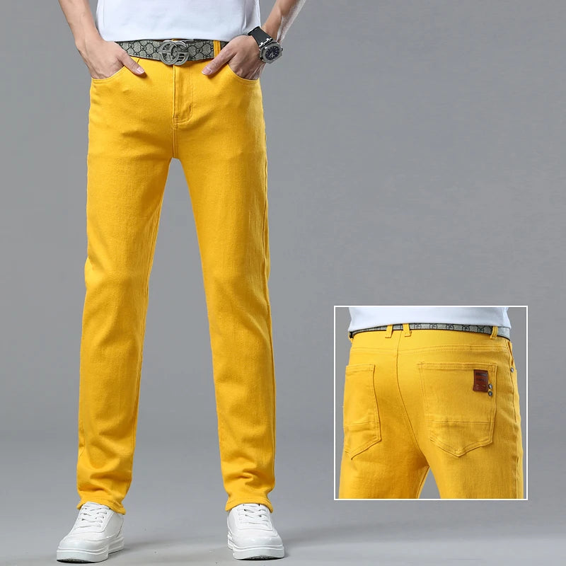 Men's Yellow Red Jeans Brand Jeans Cotton Stretch Slim Straight Casual Denim Pants Fashion Work Denim Trousers Four Season