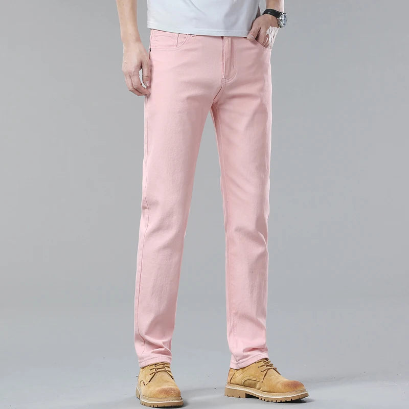 Denim Jeans Men Yellow Pink Solid Color Party Hip Hop Brand Trendy Men Handsome Denim Jeans Straight Slim Casual Pants Red