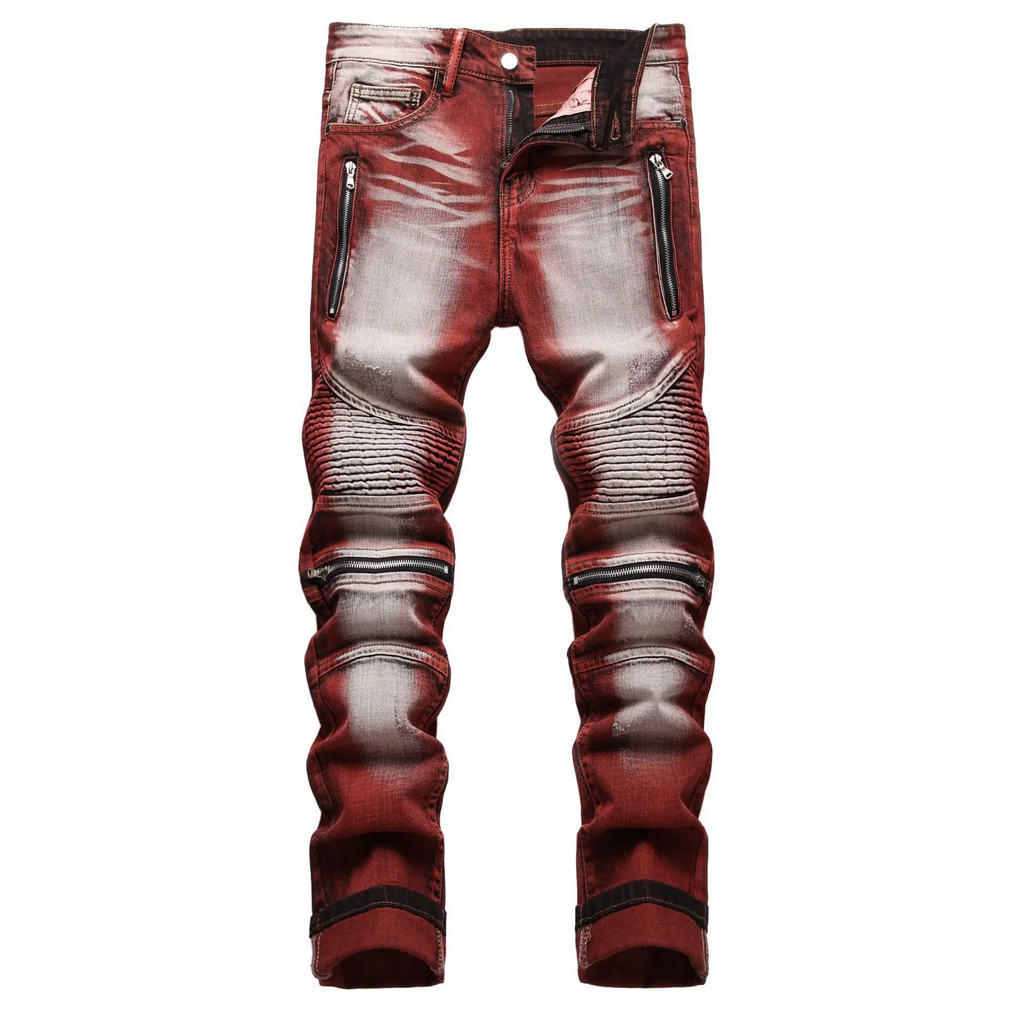 American Style Motorcycle Men's Jeans Y2k Streetwear 95% Cotton Pleated Zipper Design Slim Wine Red Jeans Vintage Pencil Pants