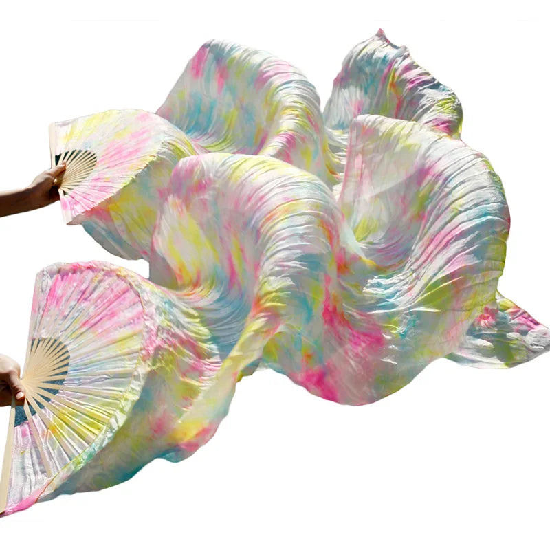 Real Silk Belly Dance 1PC/1pair Veil Fans High Quality Bamboo Handmade Dyed Tie Dye Belly Danc Performance Natural Silk Fans