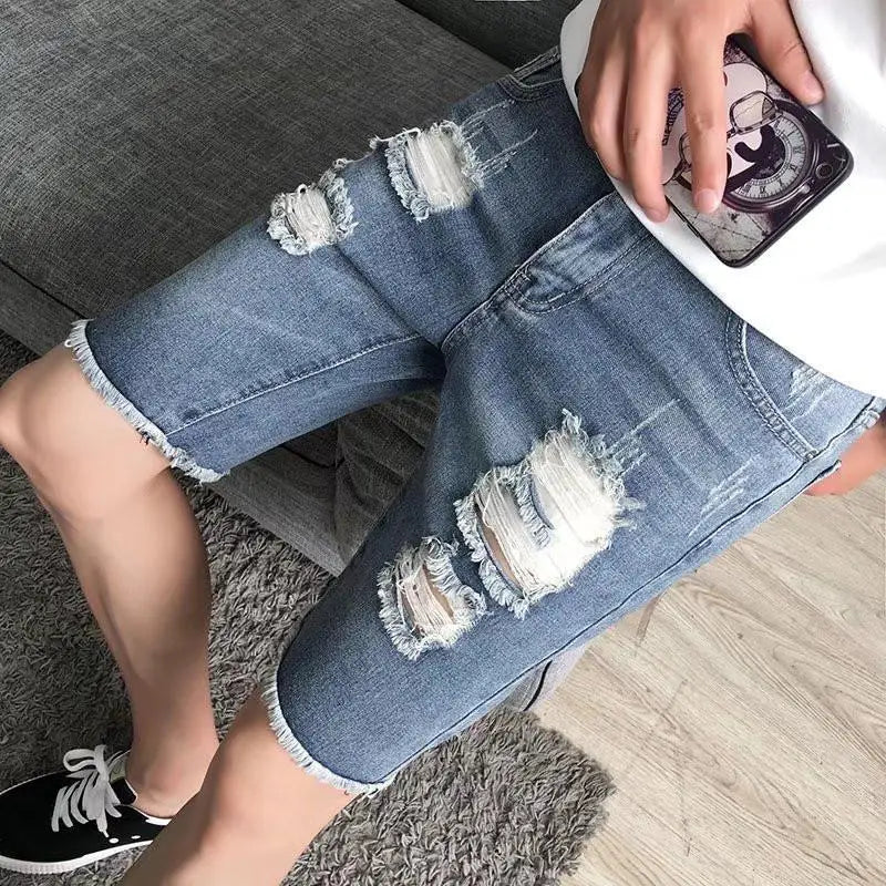 Male Denim Shorts Straight Slim Ripped Men's Short Jeans Pants Skinny Cowboy Rude Harajuku Sale Y2k Fashion Streetwear Jorts Xl