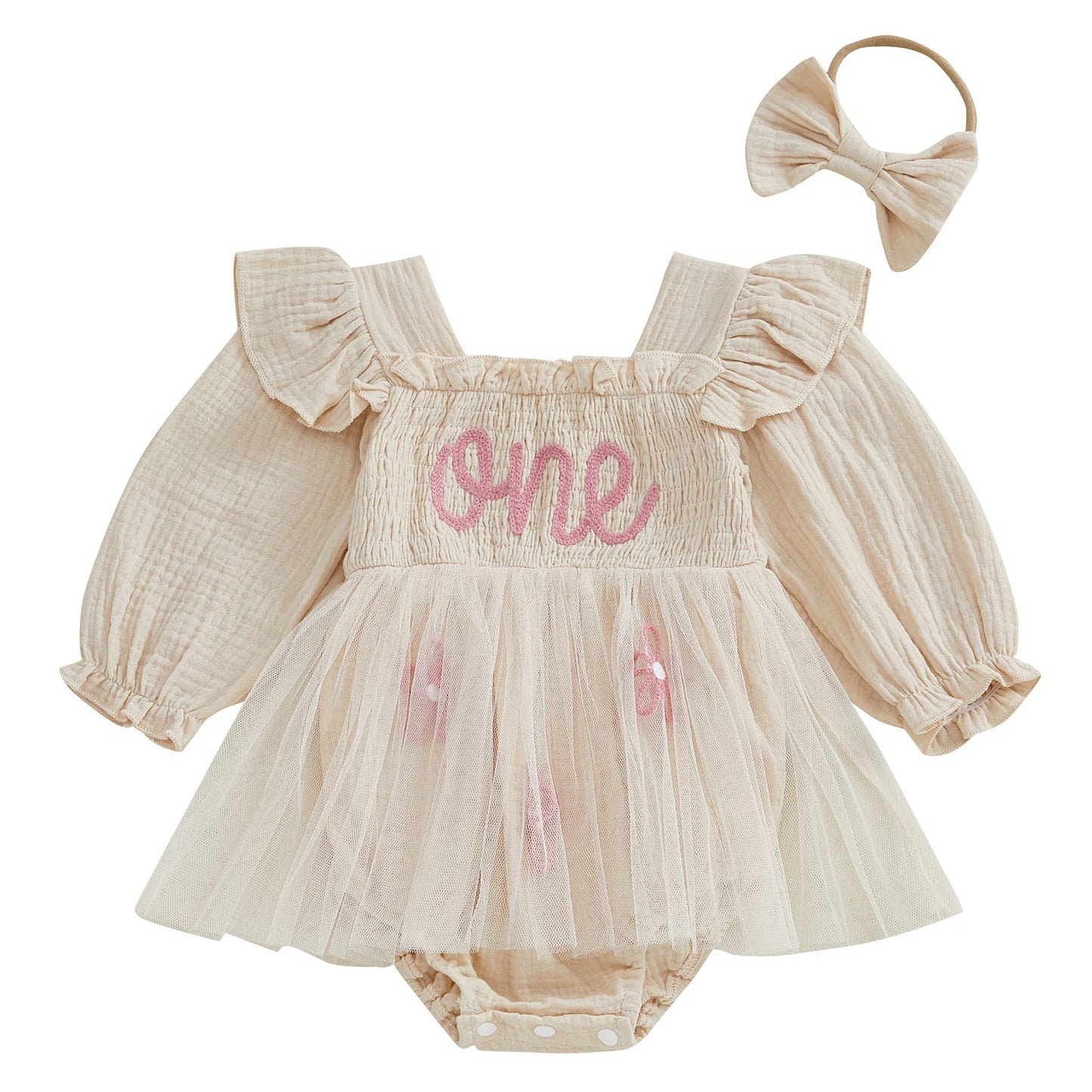 Baby Girls Romper Dress Mesh Flower Letter Pattern Ruffled Long Sleeve Smocked Jumpsuits Bow Headband