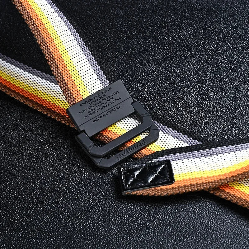Unisex Canvas Belt Men Stripe Rainbow Metal Double Ring Buckle Jeans Student - Belt Designer Belt for Women