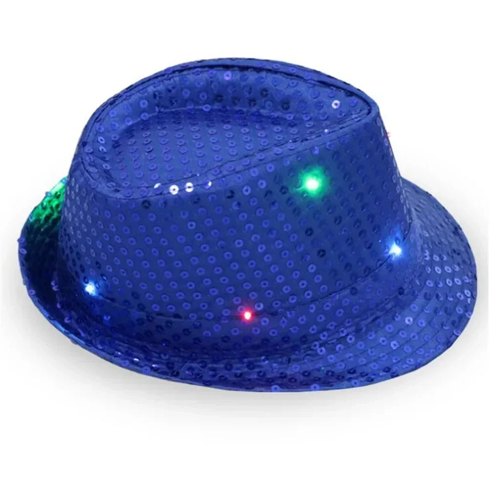 Woman Men Kids LED Light Up Sequin Fedora Jazz Hat Cap Gift Necktie Tie Neon Glow Party Bar Birthday Costume Wedding Festival
