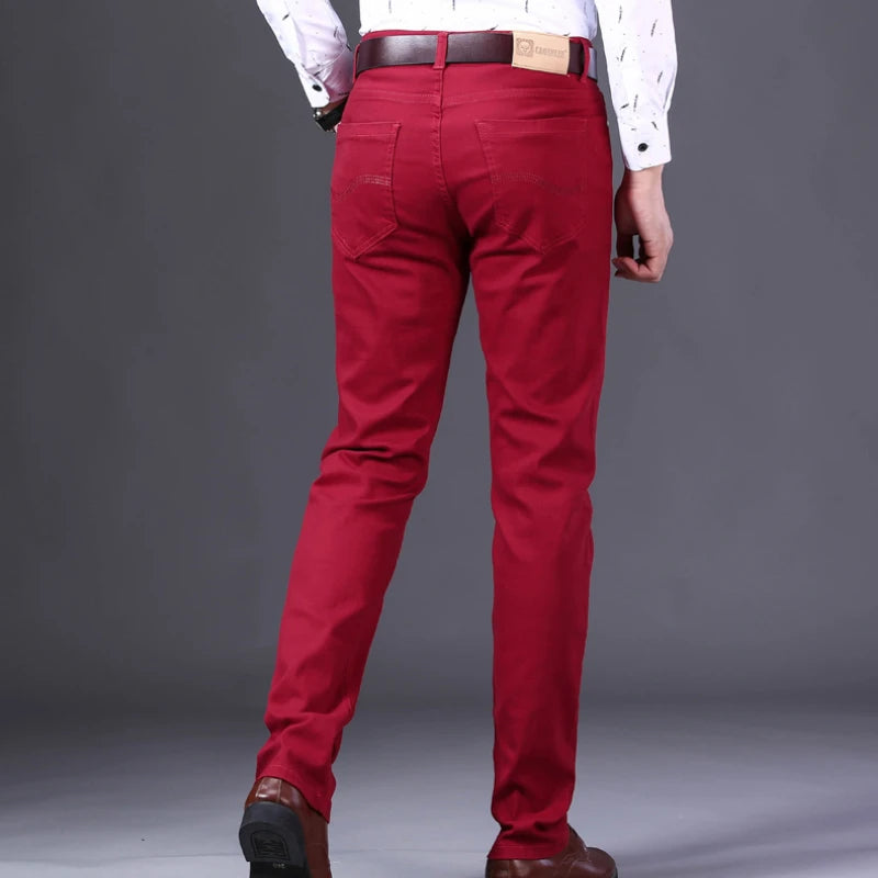 2023 New Autumn Wine Red Jeans Men Fashion Casual Classic Style Business Straight Fit Soft Trousers Male Advanced Pants