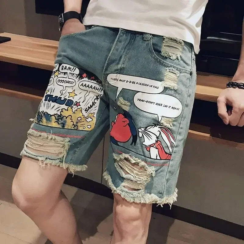 Man Denim Shorts with Text Straight Ripped Camouflage Short Jeans Pants for Men Original Thin Korean Fashion Cut Popular Summer