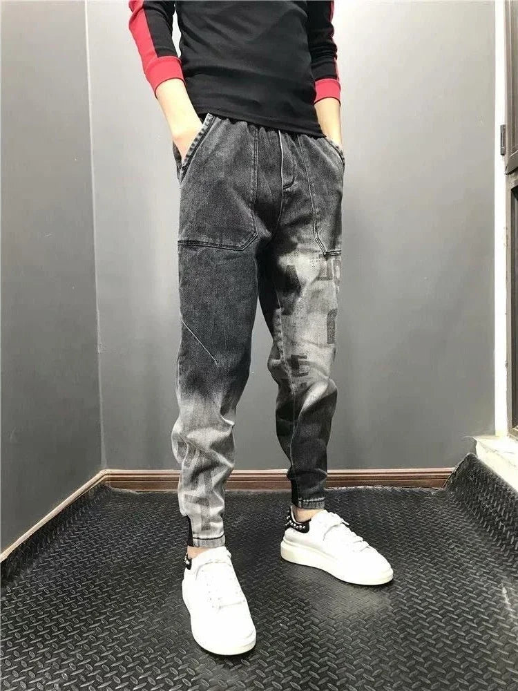 Trousers Letter Harem Men's Jeans With Print Man Cowboy Pants Black Comfortable Soft 2024 Korean Autumn Y2k Vintage Xs Retro