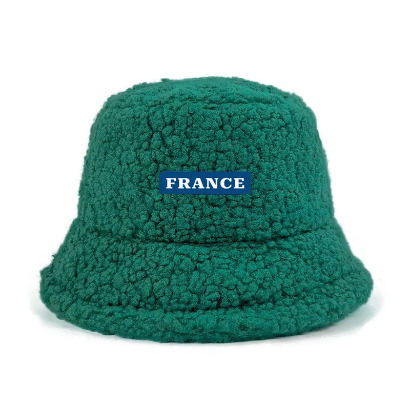 Custom Logo Text France Lamb Faux Fur bob Bucket Hat Winter Warm Velvet Hat For Women Lady Outdoor men Panama Fisherman VEST Hat