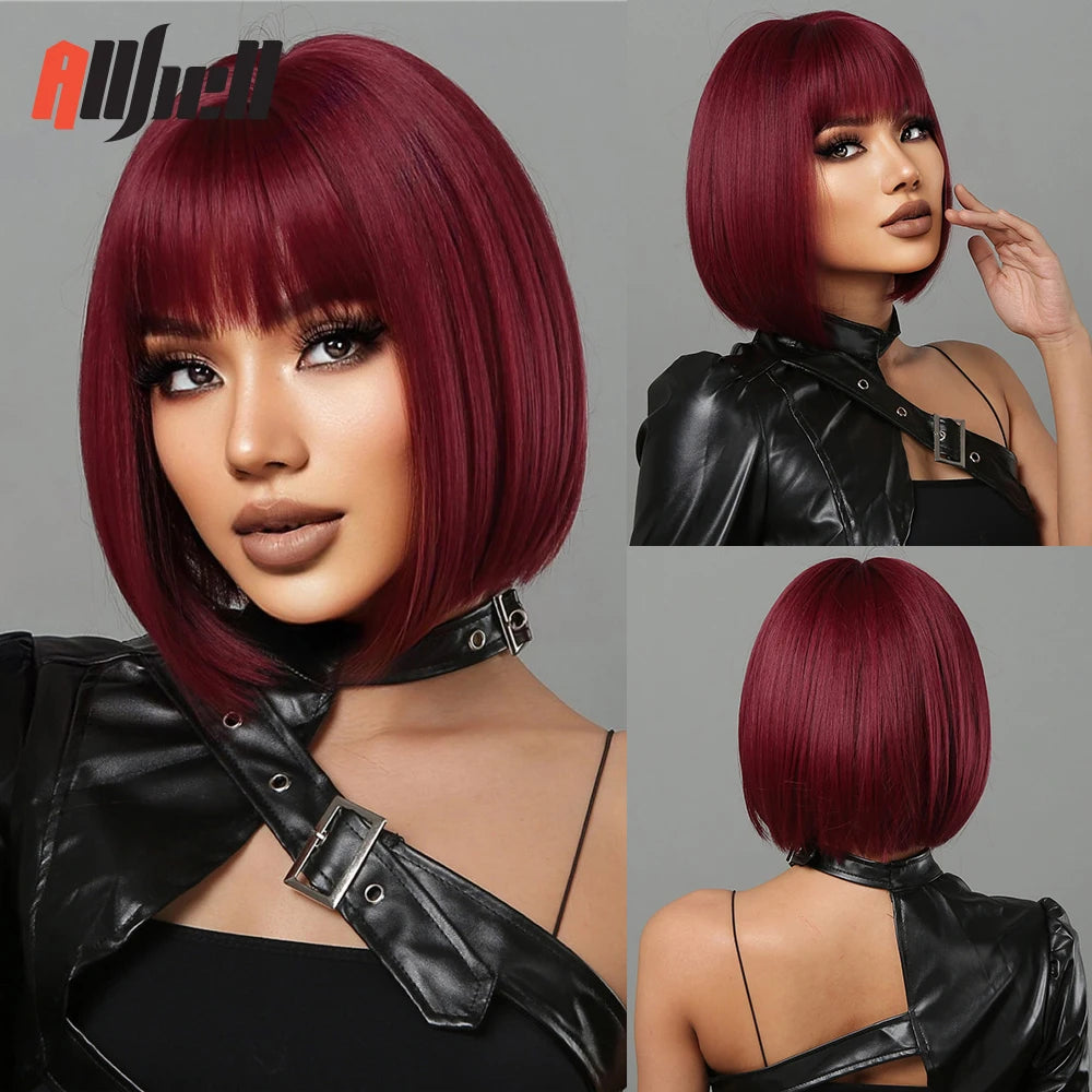 Short Wine Red Synthetic Wigs Straight Hair Wig with Bangs Bob Hair for Black Women Afro Cosplay Party Heat Resistant Wigs