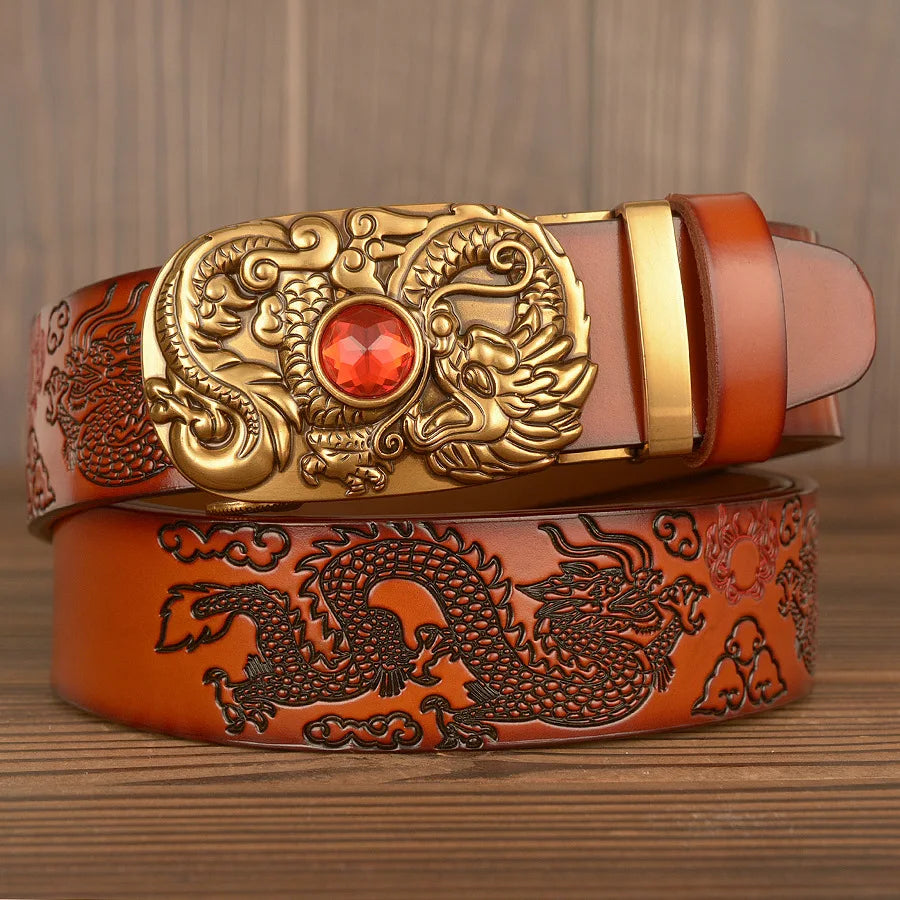 Men's Dragon Pattern Jewel Belt Coskin Leather Belt Men's Carved Dragon Pattern Automatic Buckle Belt Jeans New Designer Belt