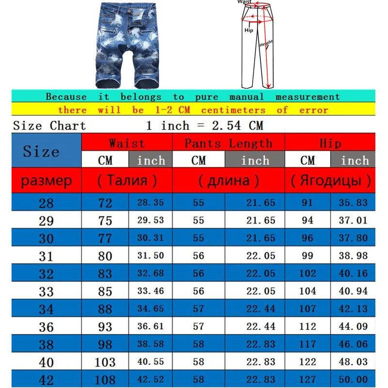 2024 Summer New Men's Jeans Shorts, Pleats and Holes Decorated Shorts, Men Blue White Black Blue Red Denim Shorts