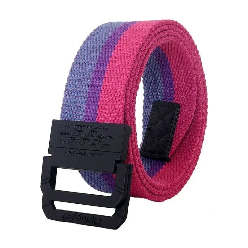 Unisex Canvas Belt Men Stripe Rainbow Metal Double Ring Buckle Jeans Student - Belt Designer Belt for Women