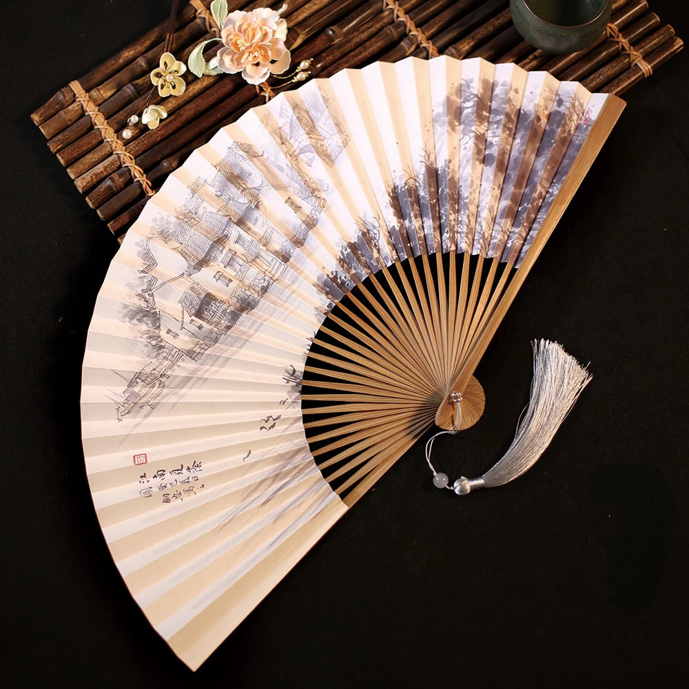 Chinese Retro Folding Hand Fan Bamboo Hand Painted Drama Folding Fan Double Side Vintage Hand Paper Fans Portable Folding Fans