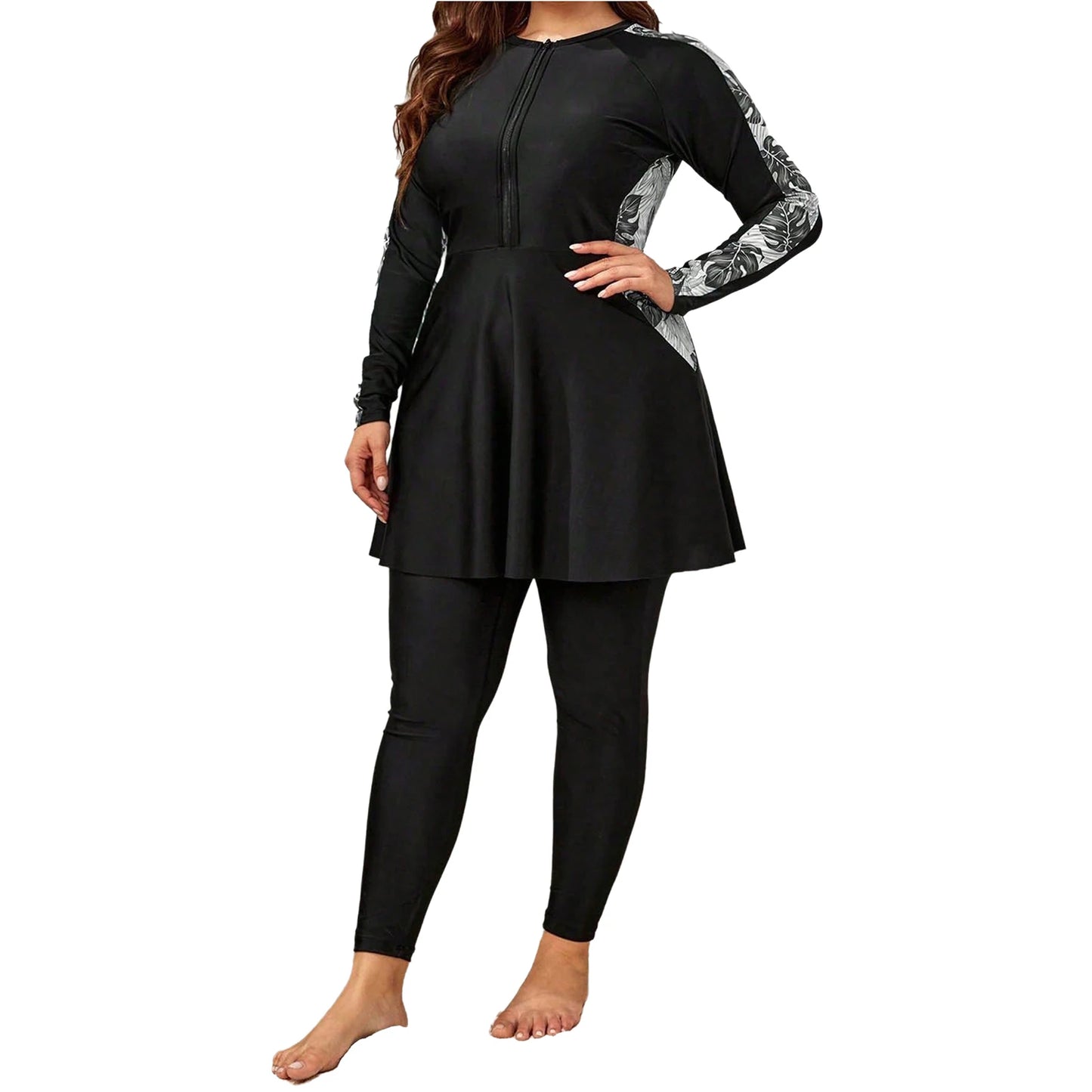 Women Plus Size Two-Piece Swimsuit Long Sleeve Floral Print Zipper Dress with Leggings Swimwear Bathing Suit Rash Guard Wetsuit