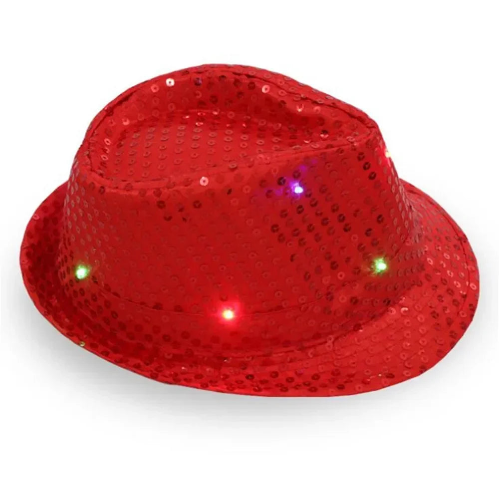 Woman Men Kids LED Light Up Sequin Fedora Jazz Hat Cap Gift Necktie Tie Neon Glow Party Bar Birthday Costume Wedding Festival