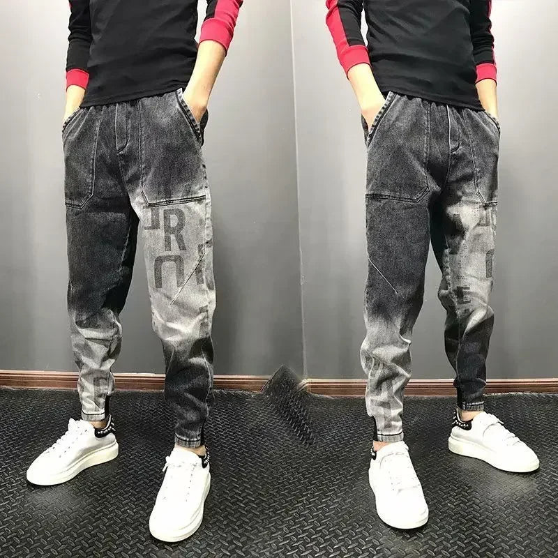Trousers Letter Harem Men's Jeans With Print Man Cowboy Pants Black Comfortable Soft 2024 Korean Autumn Y2k Vintage Xs Retro