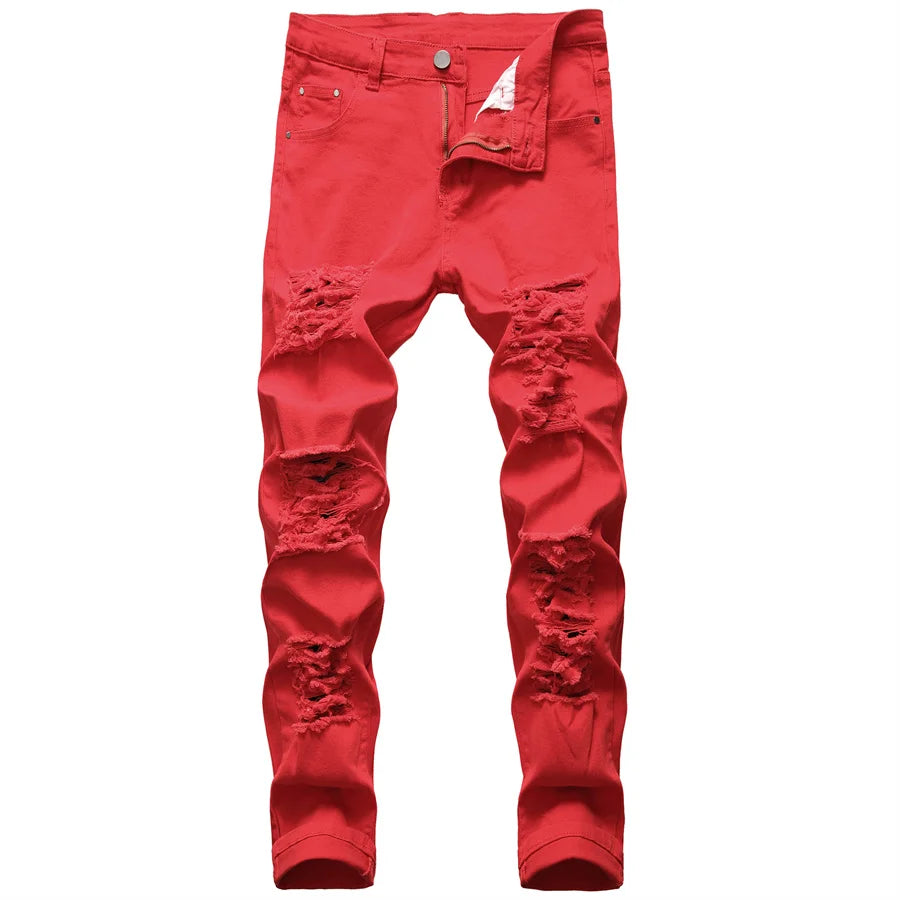 2025 New Men's Casual Jeans Trendy Red Hip Hop Holes Slim Denim Pants Ripped Trousers Versatile Stretch Distressed Pants Male