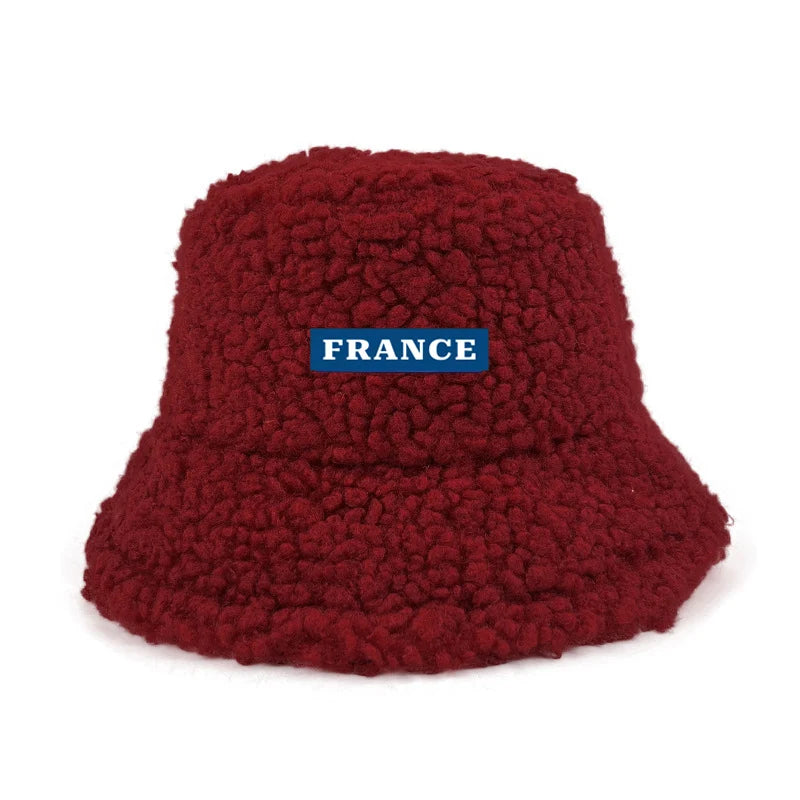 Custom Logo Text France Lamb Faux Fur bob Bucket Hat Winter Warm Velvet Hat For Women Lady Outdoor men Panama Fisherman VEST Hat
