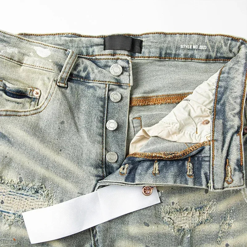 Retro Men's Jeans with American High Street Style and Purple Ripped Holes