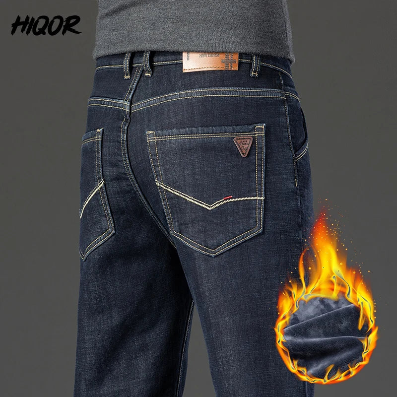 HIQOR Winter Fleece Thick Jeans Men Business Casual Straight Trousers Male Classic Blue Black Jeans For Men Work Denim Man Pants