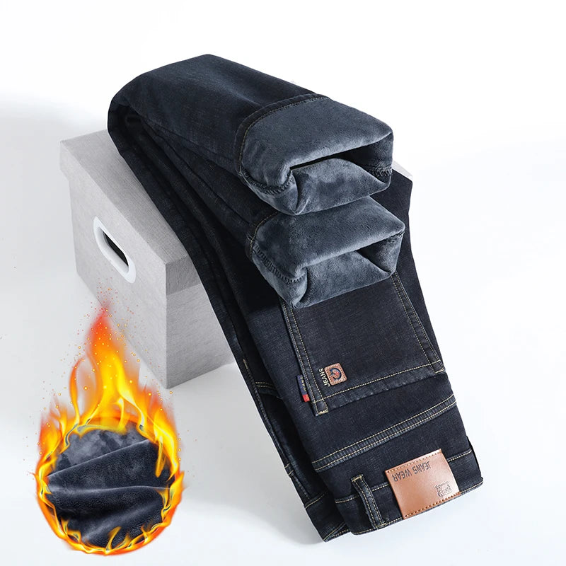 HIQOR Winter Fleece Thick Jeans Men Business Casual Straight Trousers Male Classic Blue Black Jeans For Men Work Denim Man Pants
