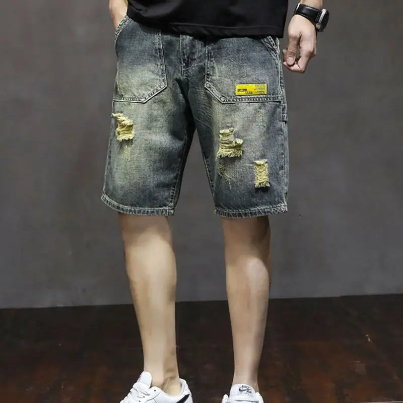 Men's Short Jeans Pants Cargo Ripped with Pockets Vintage Male Denim Shorts Streetwear Jorts Luxury Wih Zipper Buttons Blue Rude